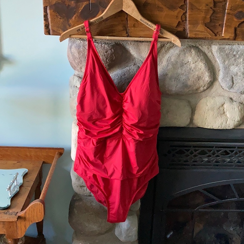 Women’s Red One-Piece Swim Suit - Classic V-Neck